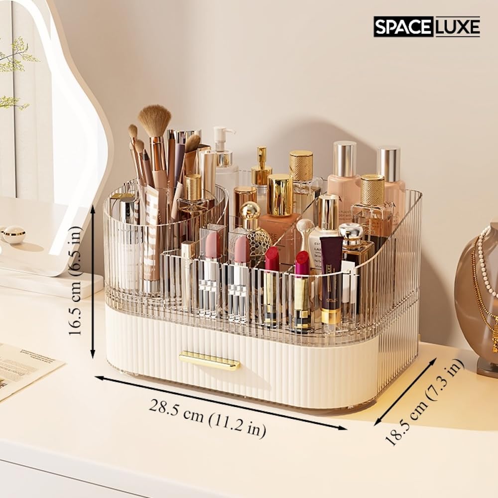 SpaceLuxe upper compartment slots organize eye and lip products for quick access