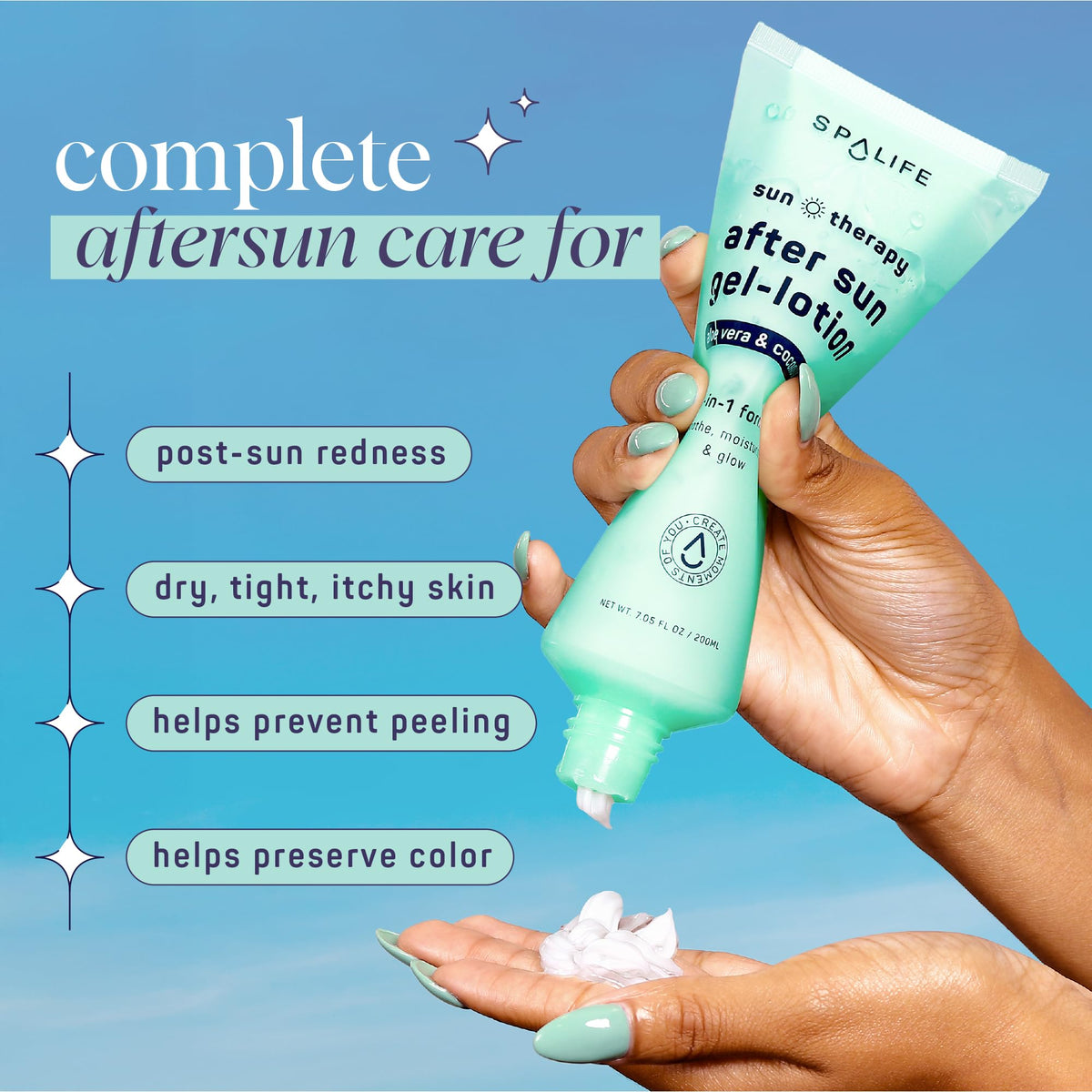 SpaLife after-sun gel-lotion fast-absorbing formula leaves a light, non-greasy finish.