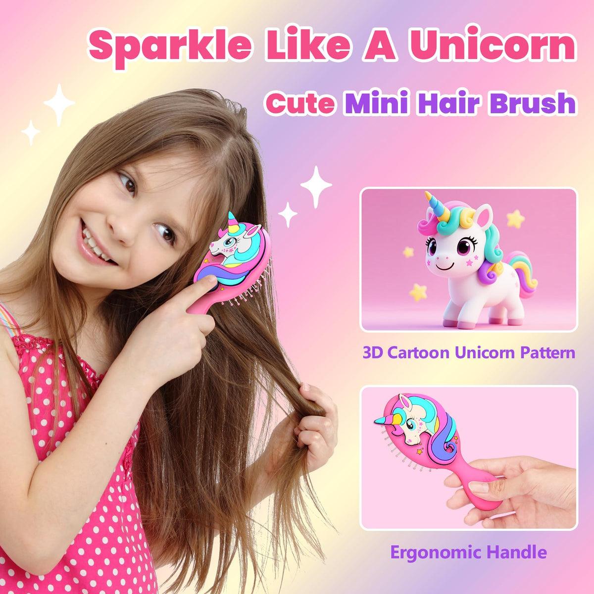 Sparkle Unicorn soft ball-tip bristles ideal for sensitive scalps