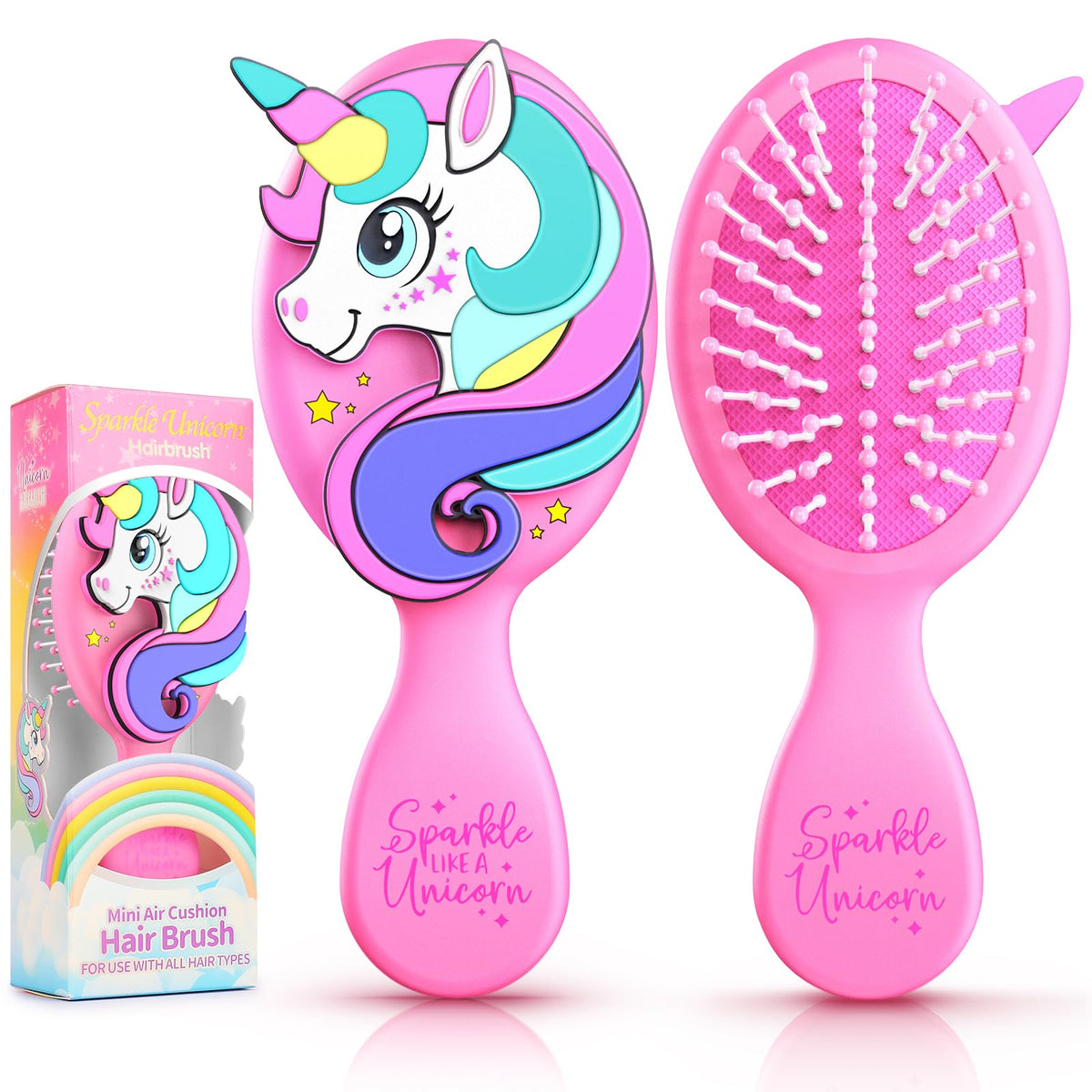 Sparkle Unicorn toddler hair brush with pink design for gentle detangling