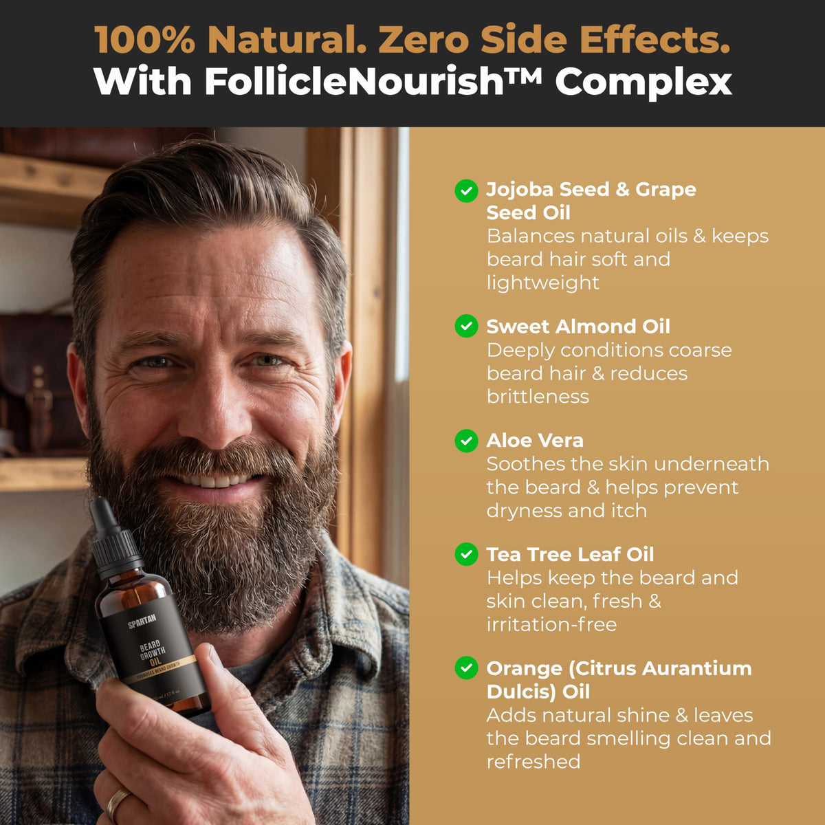 SPARTAN beard oil applied to beard for a smooth, non-greasy finish.