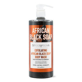 SpaScriptions exfoliating African black soap body wash bottle with pump for deep cleansing