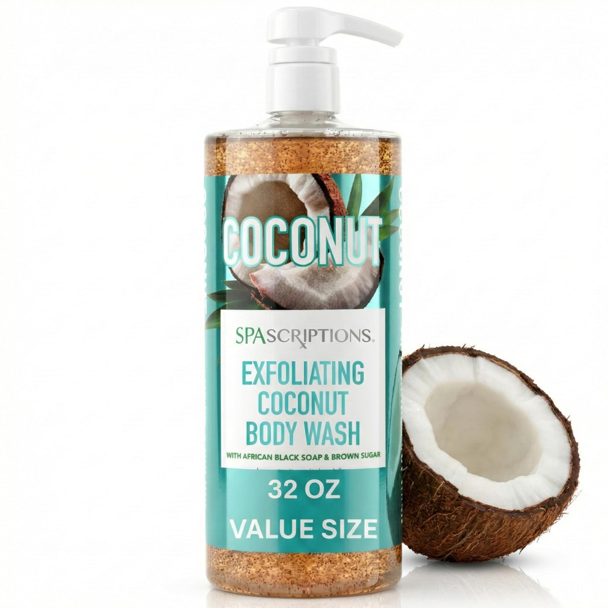 SpaScriptions Exfoliating Coconut Body Wash bottle front for a spa-like cleanse