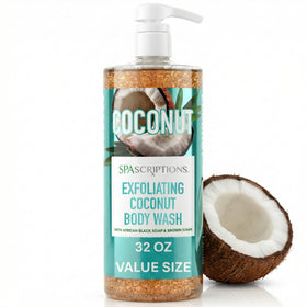 SpaScriptions Exfoliating Coconut Body Wash bottle front for a spa-like cleanse