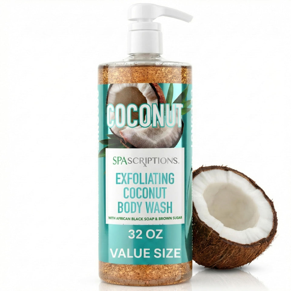 SpaScriptions Exfoliating Coconut Body Wash bottle front for a spa-like cleanse