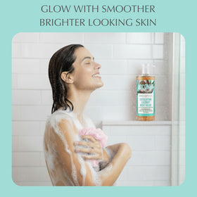 SpaScriptions Exfoliating Coconut Body Wash creamy lather with brown sugar exfoliation on skin