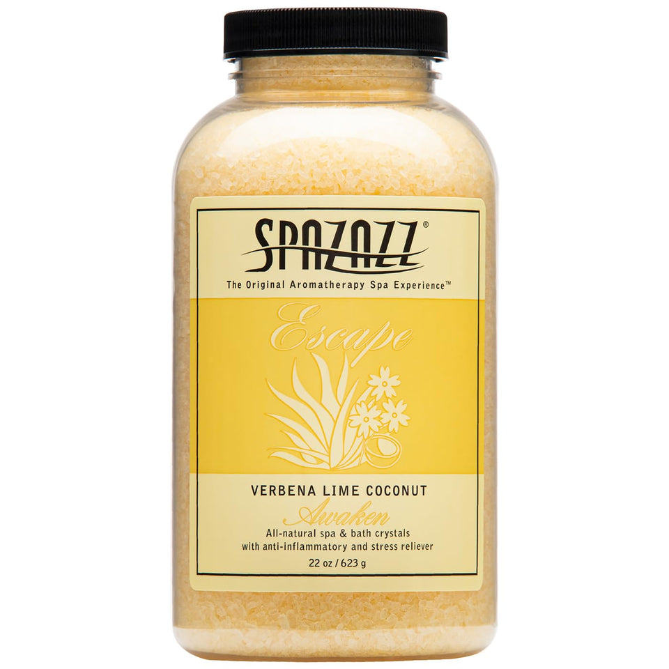 Spazazz 7377C spa crystals jar highlighting lime coconut aroma for a calming bath.