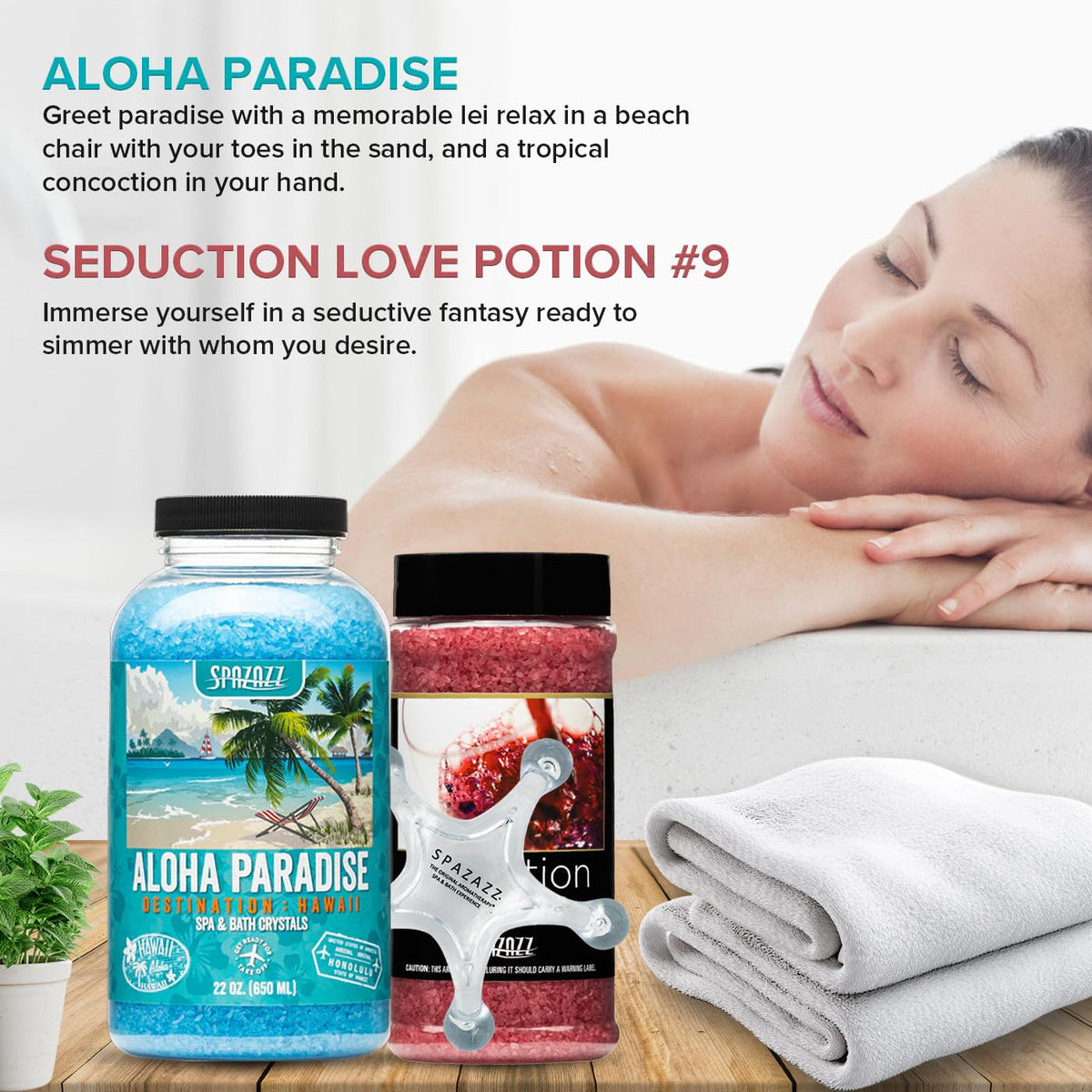 Spazazz aromatherapy bath salts close-up; oil-free formula protects equipment.