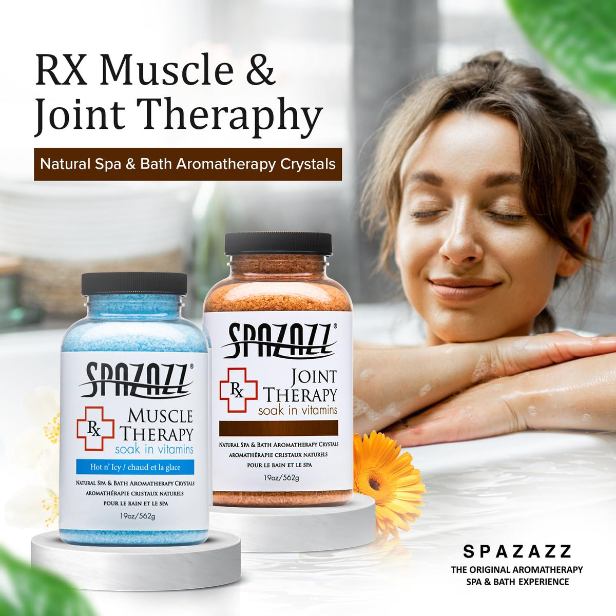 Spazazz Dead Sea bath salt crystals offering mineral-rich soaking.