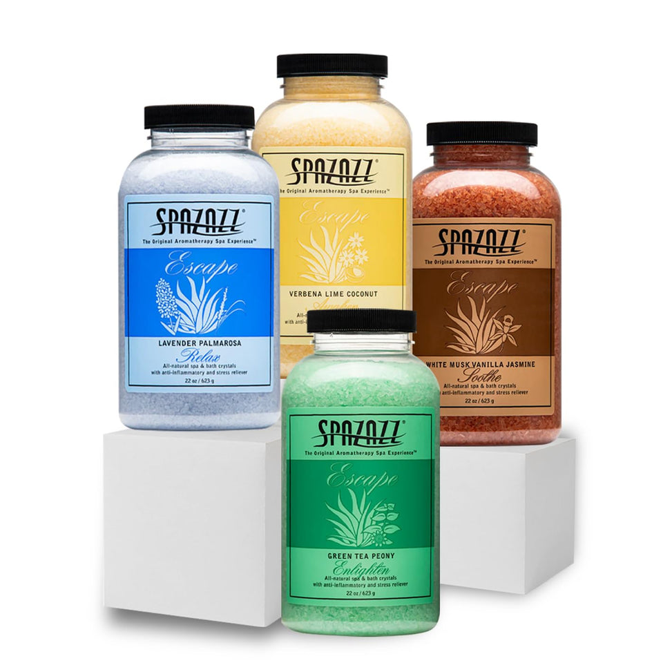 Spazazz Escape Collection 4-pack box displaying four scents for spa-like baths