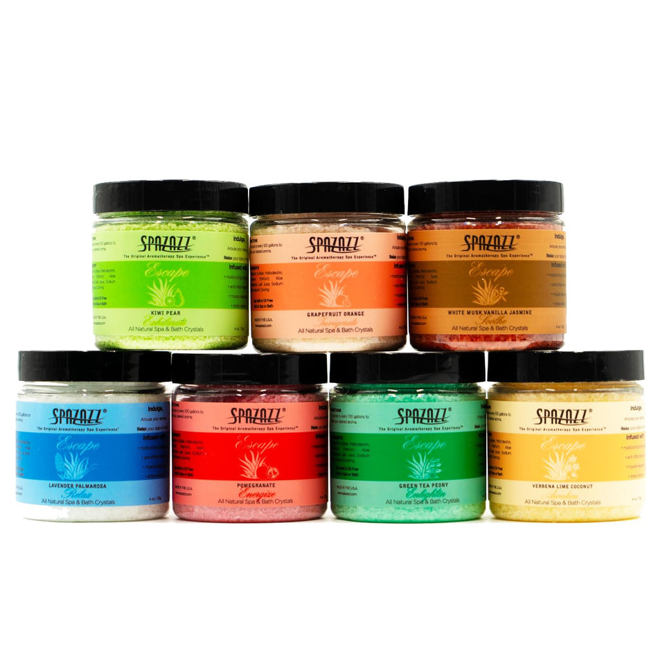 Spazazz Escape Collection sampler with seven salts for aromatherapy variety.