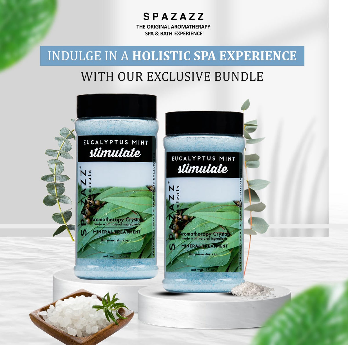 Spazazz Eucalyptus Mint crystals dissolving in water create a calming bath