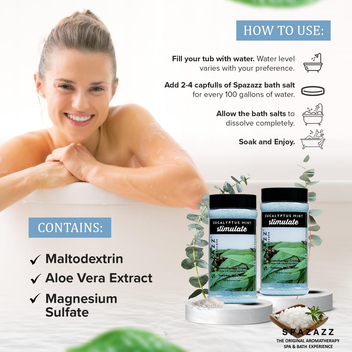 Spazazz Eucalyptus Mint crystals used as exfoliating scrub for skin care