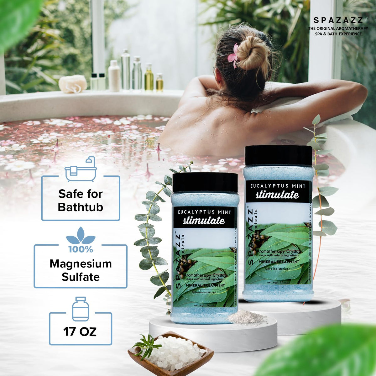 Spazazz Eucalyptus Mint crystals packaging label highlights natural minerals