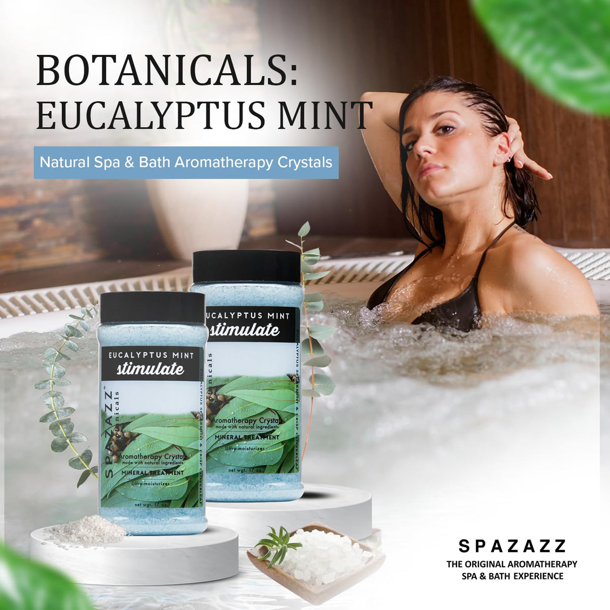 Spazazz Eucalyptus Mint crystals poured into bath deliver a refreshing soak