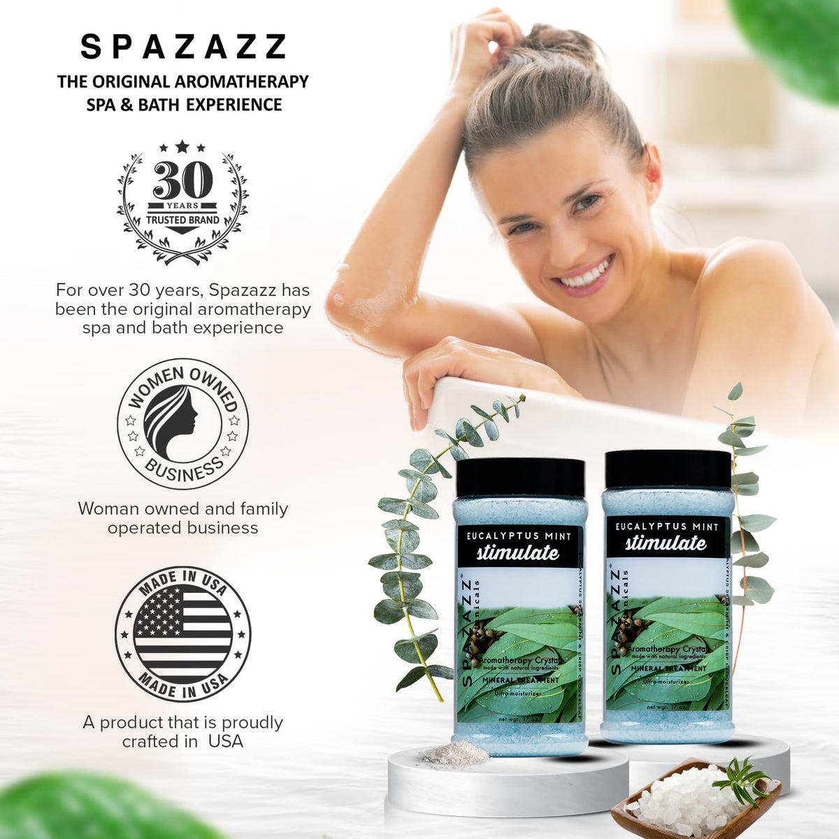 Spazazz Eucalyptus Mint crystals in a bath scene suggest spa-like relaxation
