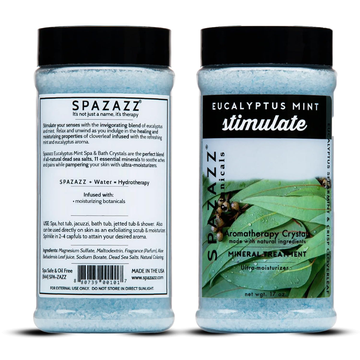 Spazazz Eucalyptus Mint crystals in a jar closeup emphasize mineral-rich texture and aroma