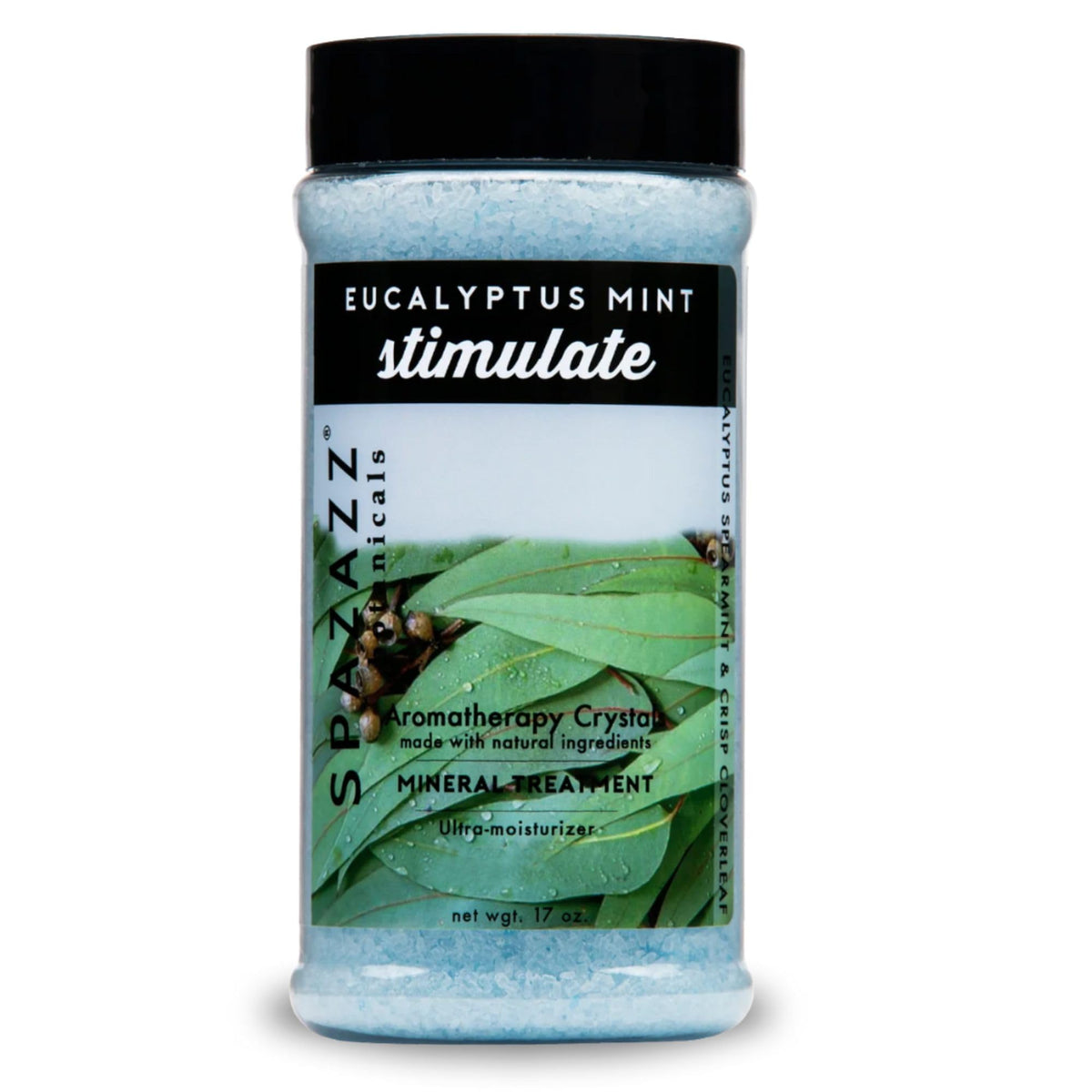 Spazazz Eucalyptus Mint spa crystals in a jar invite a luxurious soak