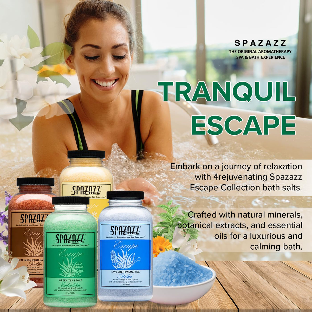 Spazazz Green Tea Peony bath salts enhancing relaxation in tub