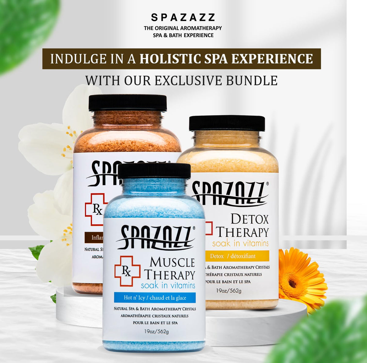 Spazazz magnesium sulfate arnica blend for soothing bath experience.