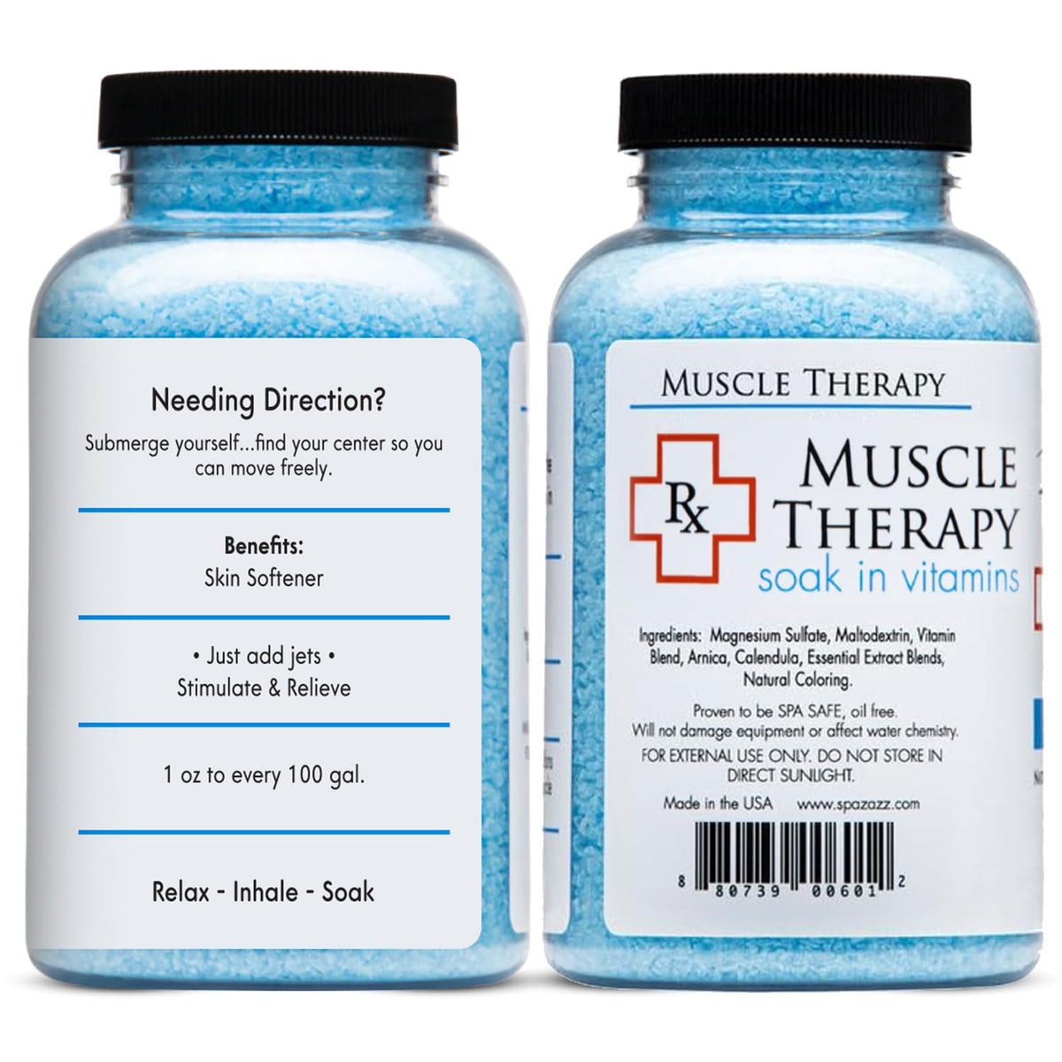 Spazazz Muscle Therapy bath salts jar to soothe muscles and unwind after workouts.