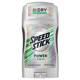 Speed Stick Power deodorant fresh-stick showing 24-hour protection and clean masculine scent.
