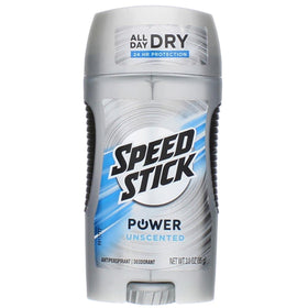 Speed Stick Power Unscented deodorant front view, compact 3 oz tube for daily use.