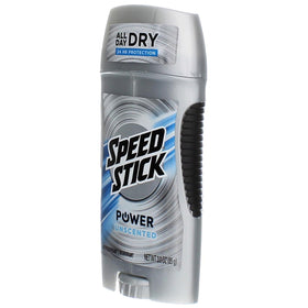 Speed Stick Power Unscented packaging box and eight-pack display.