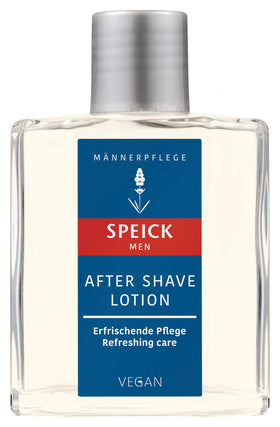 Speick After Shave Lotion bottle on a clean vanity, soothing post-shave skin.