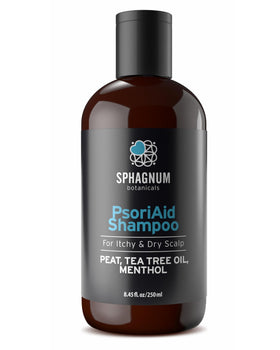 Sphagnum Botanicals psoriasis shampoo bottle for sensitive scalp care.