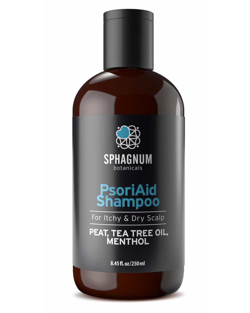 Sphagnum Botanicals psoriasis shampoo bottle for sensitive scalp care.