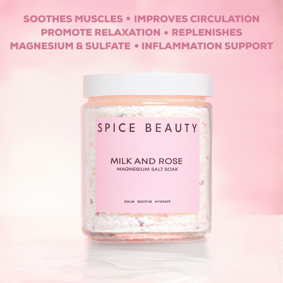 Bath scene with SPICE BEAUTY soak dissolving in water for a calm moment.