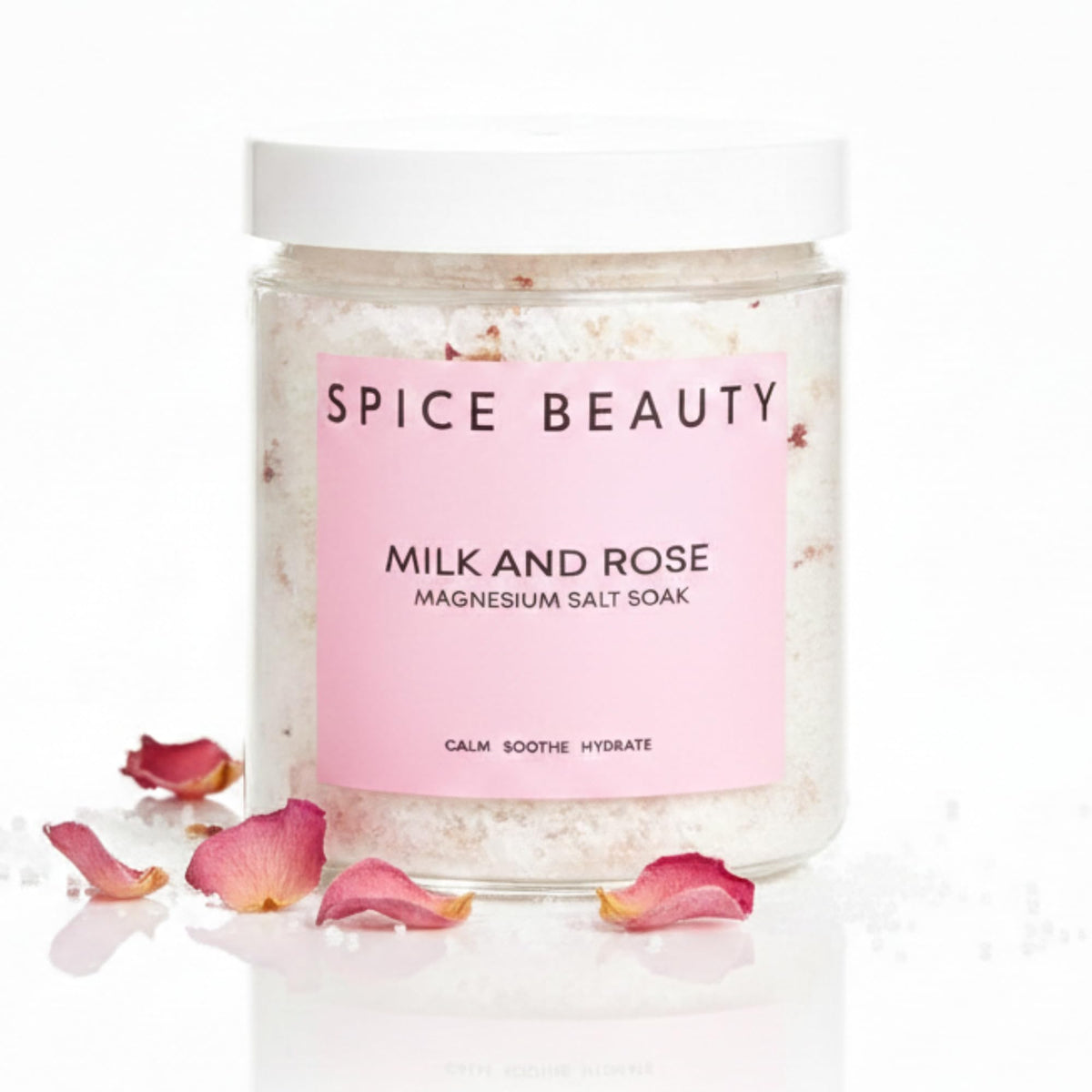 SPICE BEAUTY Goat Milk & Rose Salt Soak bottle ready for a relaxing bath.