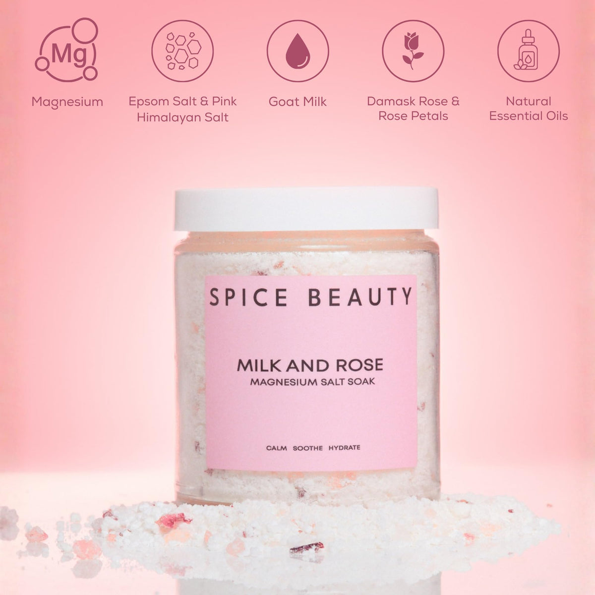 Label close-up of SPICE BEAUTY Goat Milk & Rose Salt Soak highlighting minerals.