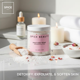 Close-up of hydrated skin after using SPICE BEAUTY Goat Milk & Rose Soak.