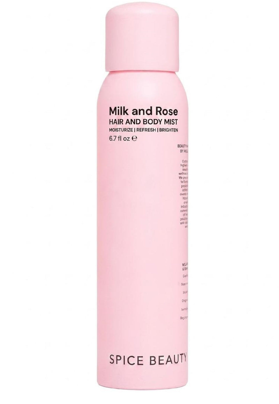 SPICE BEAUTY Milk & Rose bottle releasing a light rose mist for hair and skin.