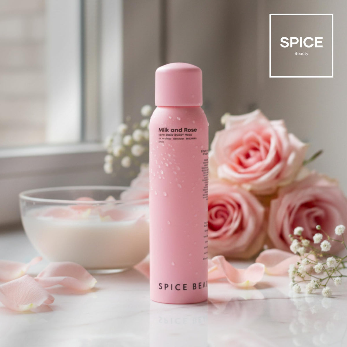 SPICE BEAUTY Milk & Rose mist applied to skin for a refreshing floral touch.