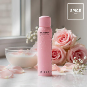 SPICE BEAUTY Milk & Rose mist applied to skin for a refreshing floral touch.