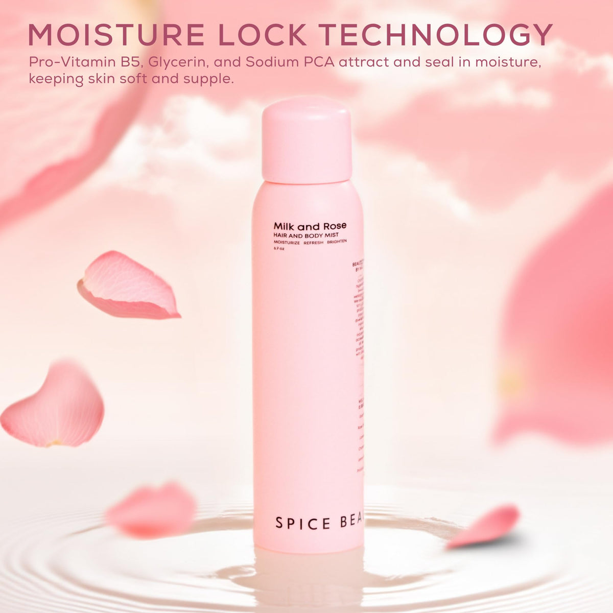 SPICE BEAUTY Milk & Rose label close-up showing goat milk and soothing botanicals.