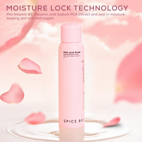 SPICE BEAUTY Milk & Rose label close-up showing goat milk and soothing botanicals.