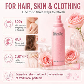 SPICE BEAUTY Milk & Rose mist spray on towels for post-shower refreshment.