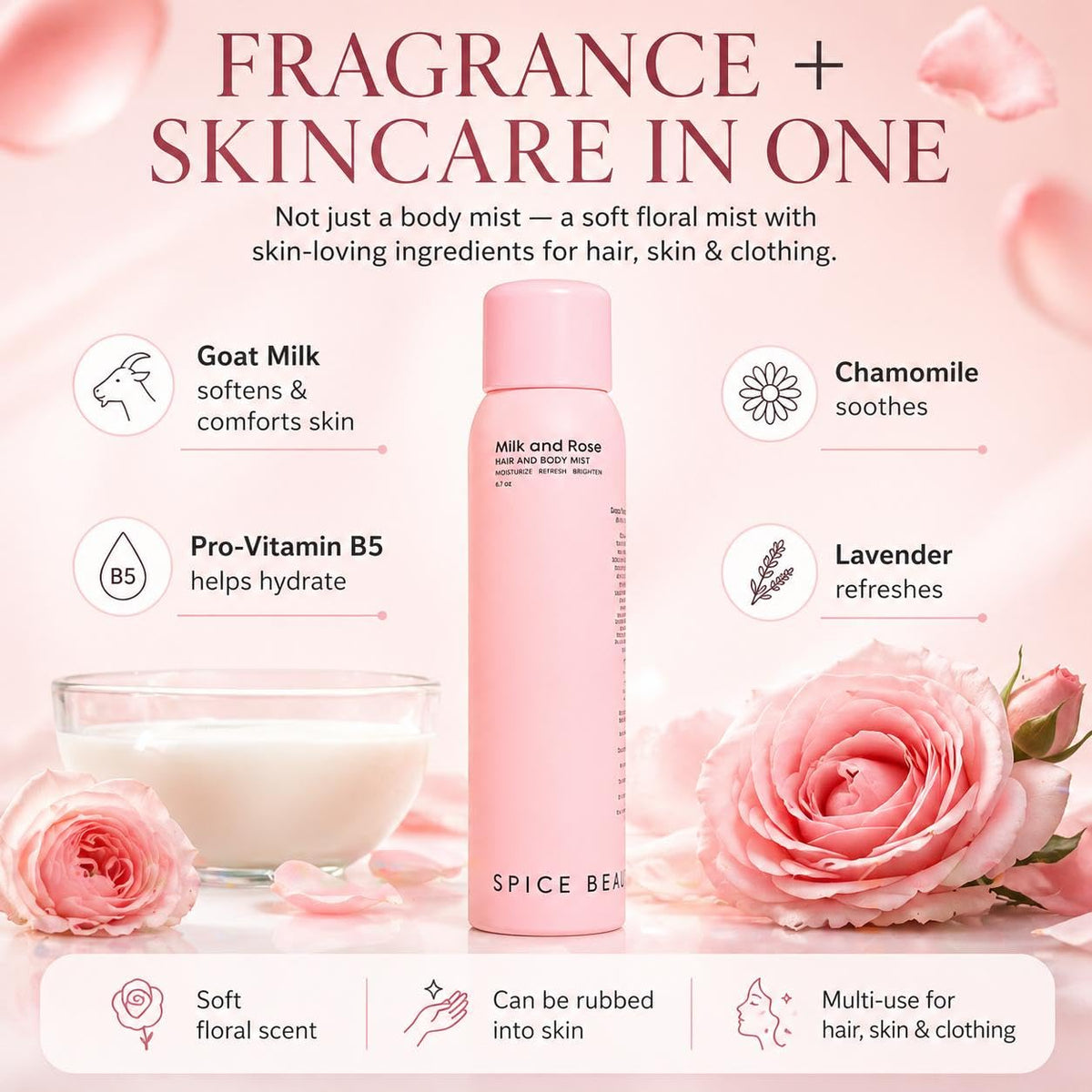 SPICE BEAUTY Milk & Rose with rose petals and honey accent a gentle scent.