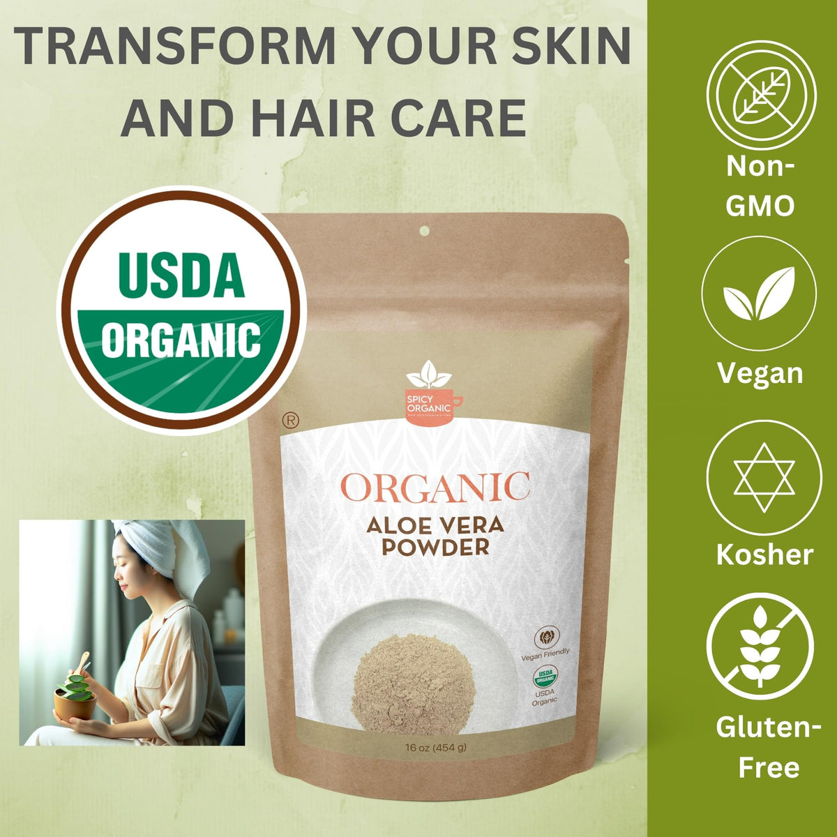 SPICY ORGANIC Aloe Vera Powder packaging shown on the box.