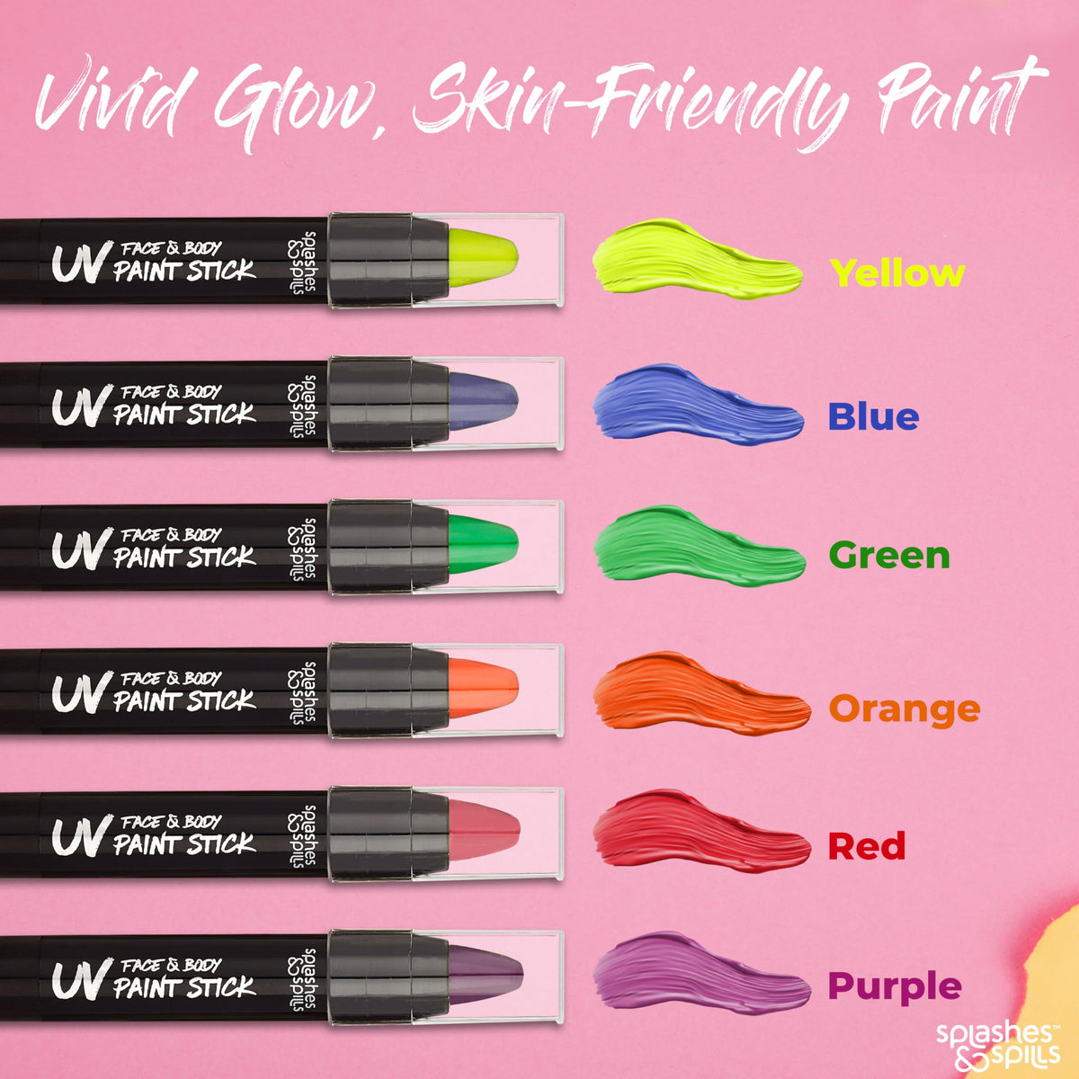 Splashes & Spills UV paint stick orange glows for vibrant stage makeup under UV.
