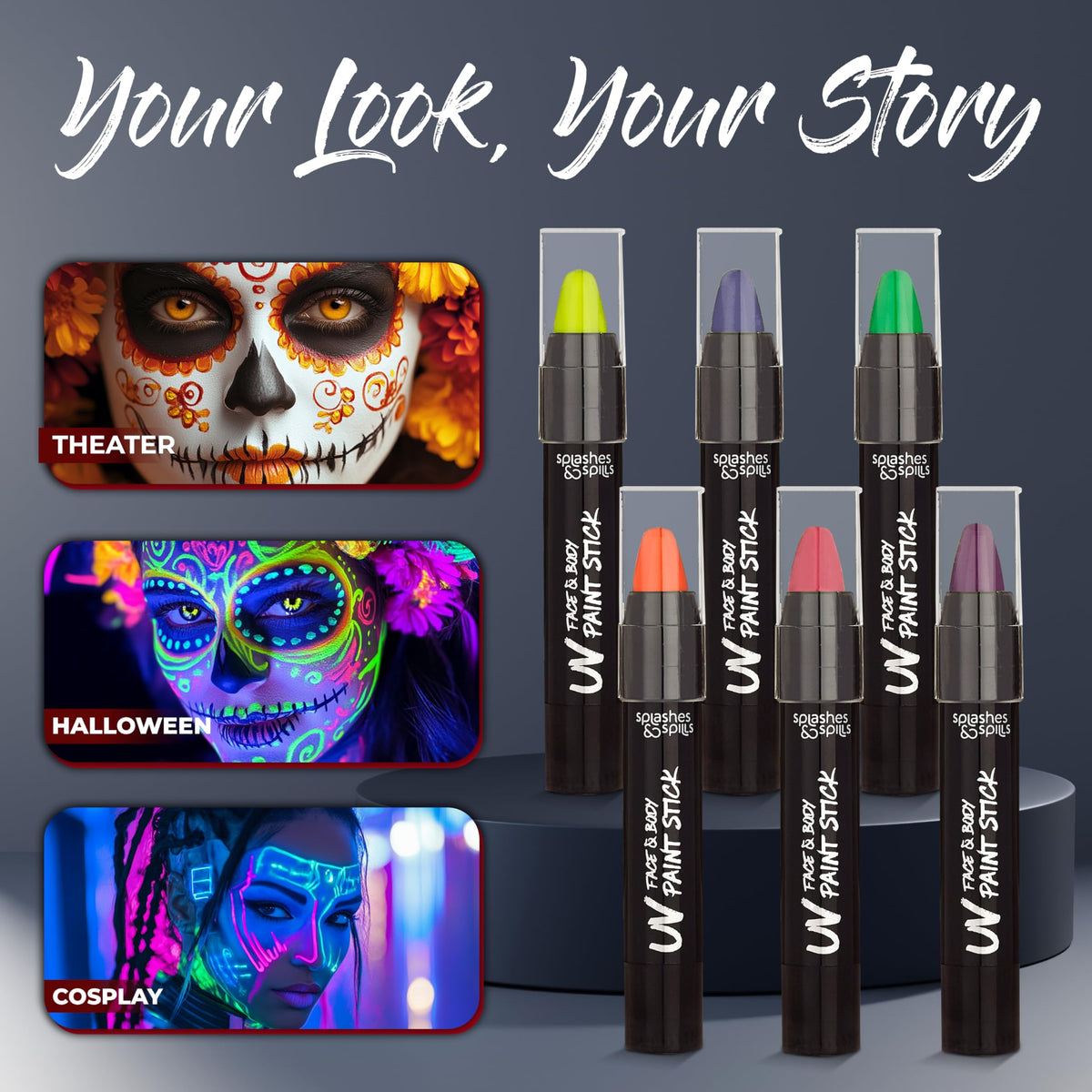 Splashes & Spills UV paint stick pink shines under black light for playful outfit accents.