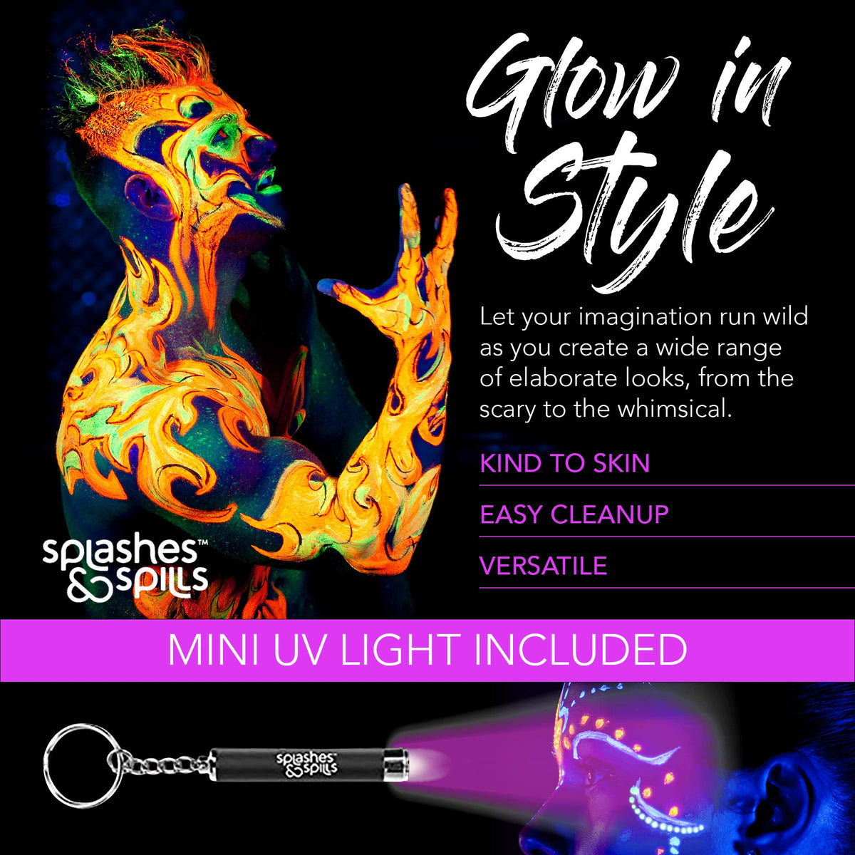 Splashes & Spills UV paint stick yellow glows in UV light for high-visibility design.