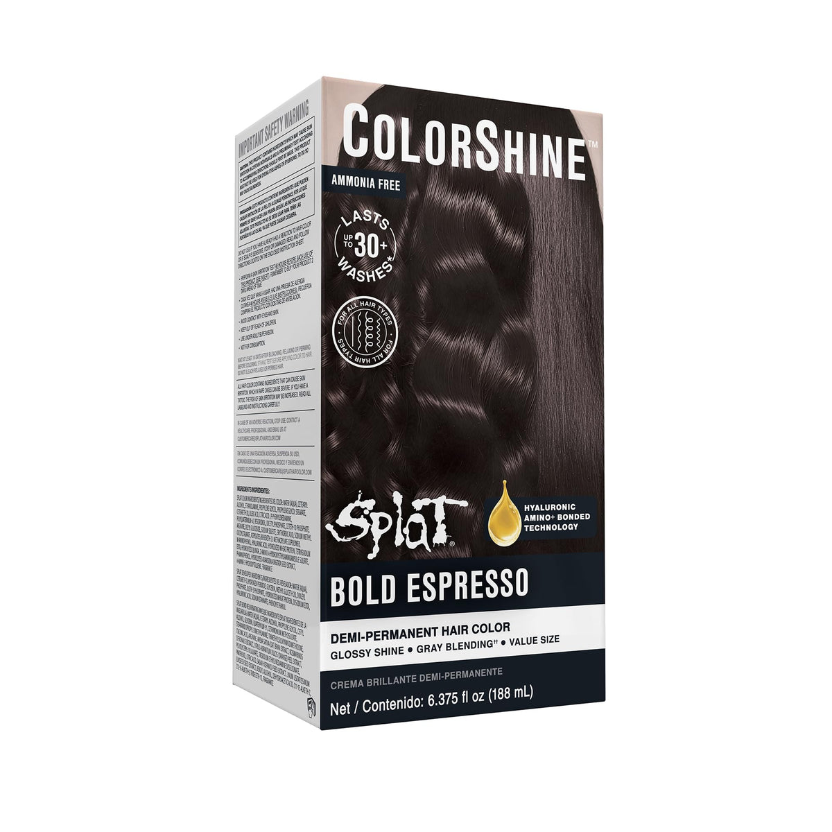 Splat ColorShine Bold Espresso bottle pour showing rich color release and shine