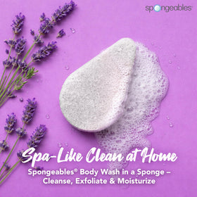 Close-up of Spongeables lavender foam on the soft cleansing side for moisturizing.
