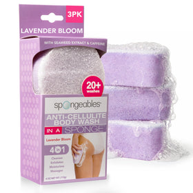 Spongeables Anti Cellulite Sponge Lavender packaging showing foam-release technology for easy cleansing.
