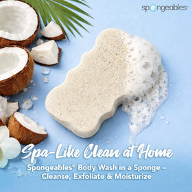 Close‑up of Spongeables Coconut Colada creating rich lather when water is added.